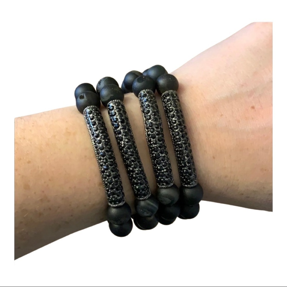 Black agate druzy beaded stretch bracelet